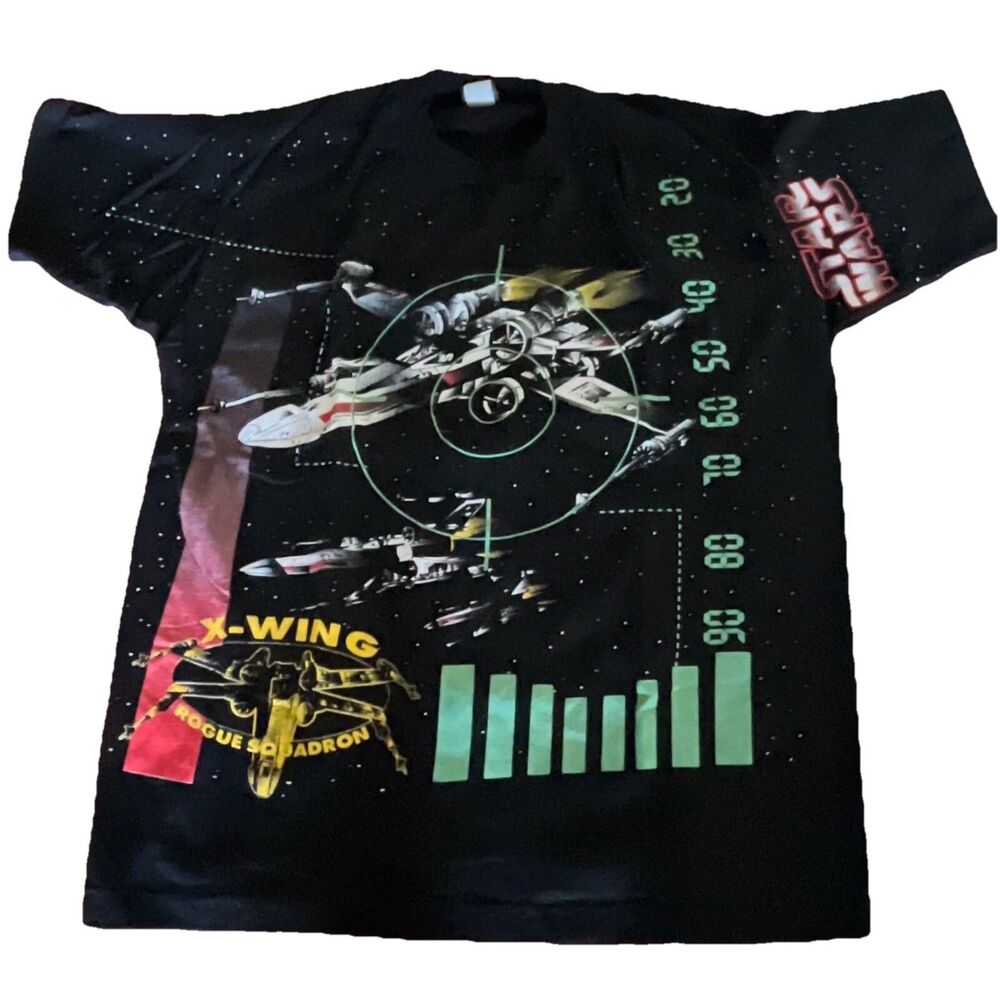 Vintage Star Wars AOP 1996 X-Wing Rogue Squadron Black T-shirt Single Stitch L